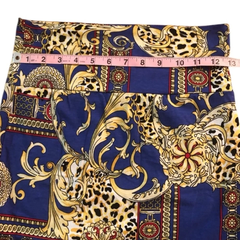 Vintage 1990’s Gold and Blue Bold Print Bandage Mini Skirt, Small‎ 25-28” Waist